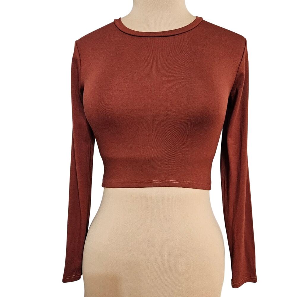 Lulu's Top Womens Small Fitted Brown Long Sleeve Cropped Casual Y2K Summer